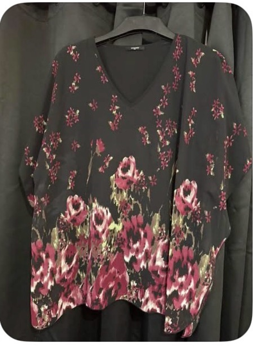 Women's Black V-Neck Floral Blouse with Pink Rose Print